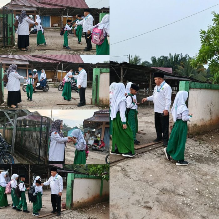 Tumbuhkan Kedisiplinan & Kasih Sayang, Kepala Madrasah dan Guru Piket Sambut Hangat Kedatangan Siswa di Gerbang Sekolah